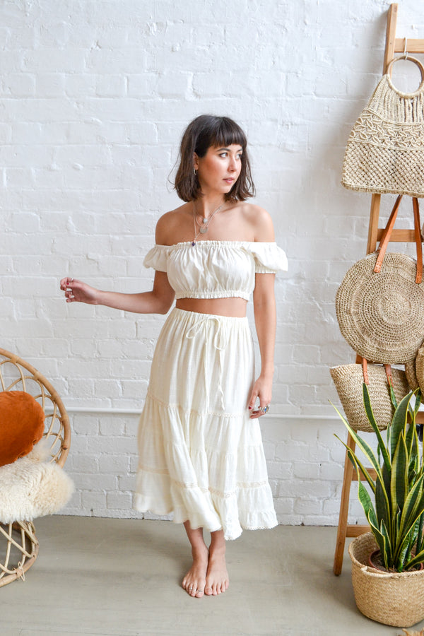 Folkstore - Daisy Bell Tiered Midi Skirt - Cream - Folkstore Fitzroy