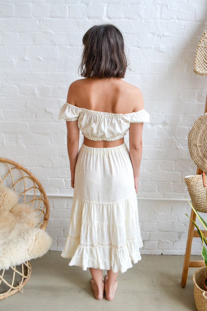 Folkstore - Daisy Bell Tiered Midi Skirt - Cream - Folkstore Fitzroy