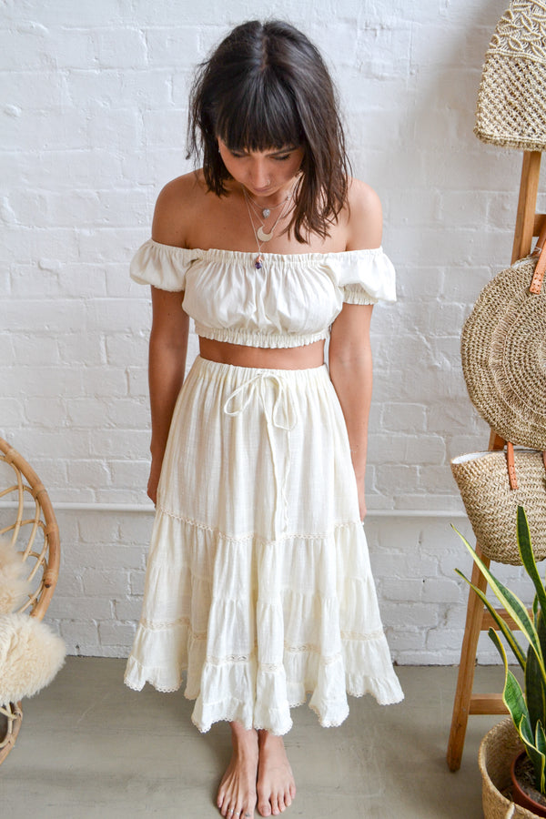 Folkstore - Daisy Bell Tiered Midi Skirt - Cream - Folkstore Fitzroy