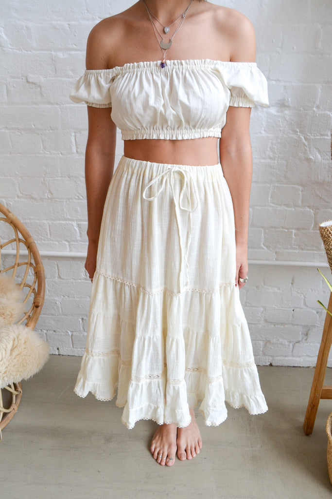 Folkstore - Daisy Bell Tiered Midi Skirt - Cream - Folkstore Fitzroy