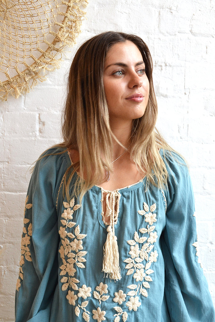 Hand Embroidered Long Sleeve Blouse - Bluebell/Cream - Folkstore Fitzroy