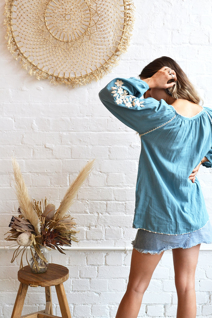 Hand Embroidered Long Sleeve Blouse - Bluebell/Cream - Folkstore Fitzroy